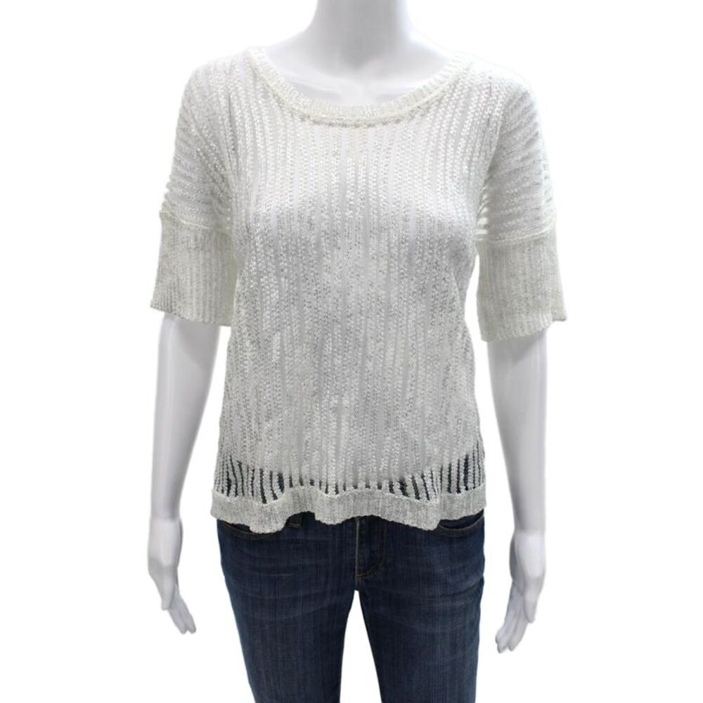 Lauren Vidal Women White Striped Cotton Short Sleeve Blouse Size L